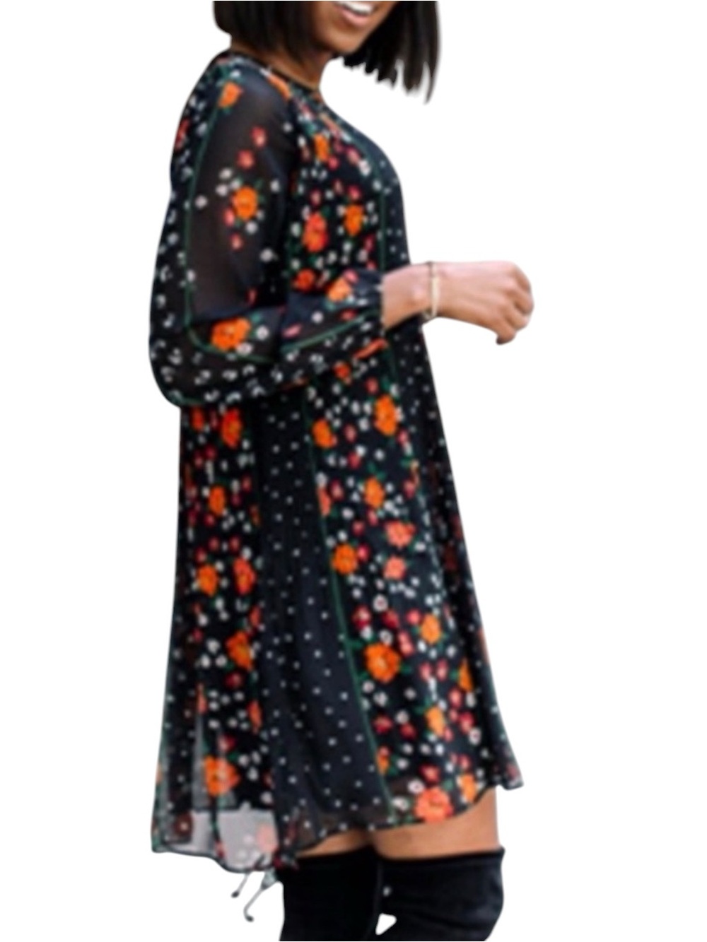 Ann Taylor Black Long-Sleeve mixed print Floral Chiffon pleated Dress size small